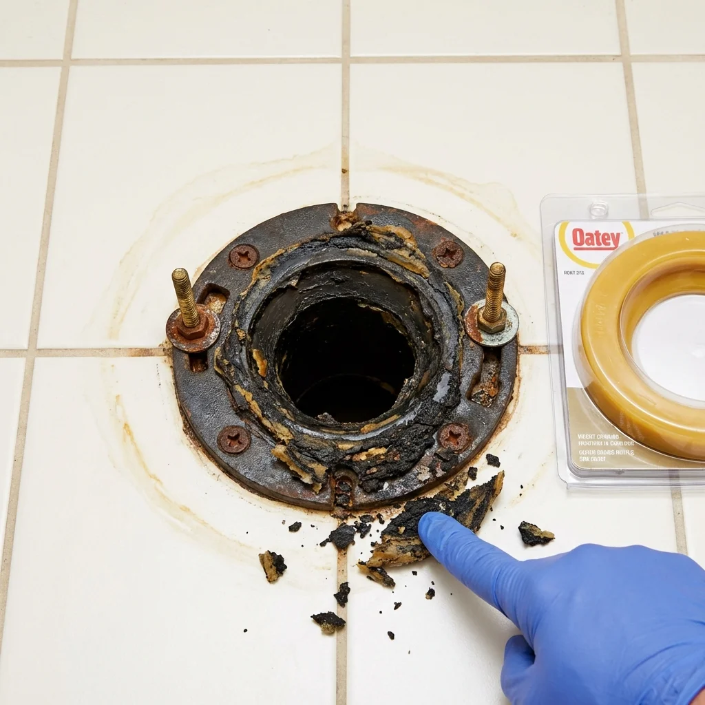 Failed wax ring showing water seepage at the base of a toilet in a Dexter, NM home