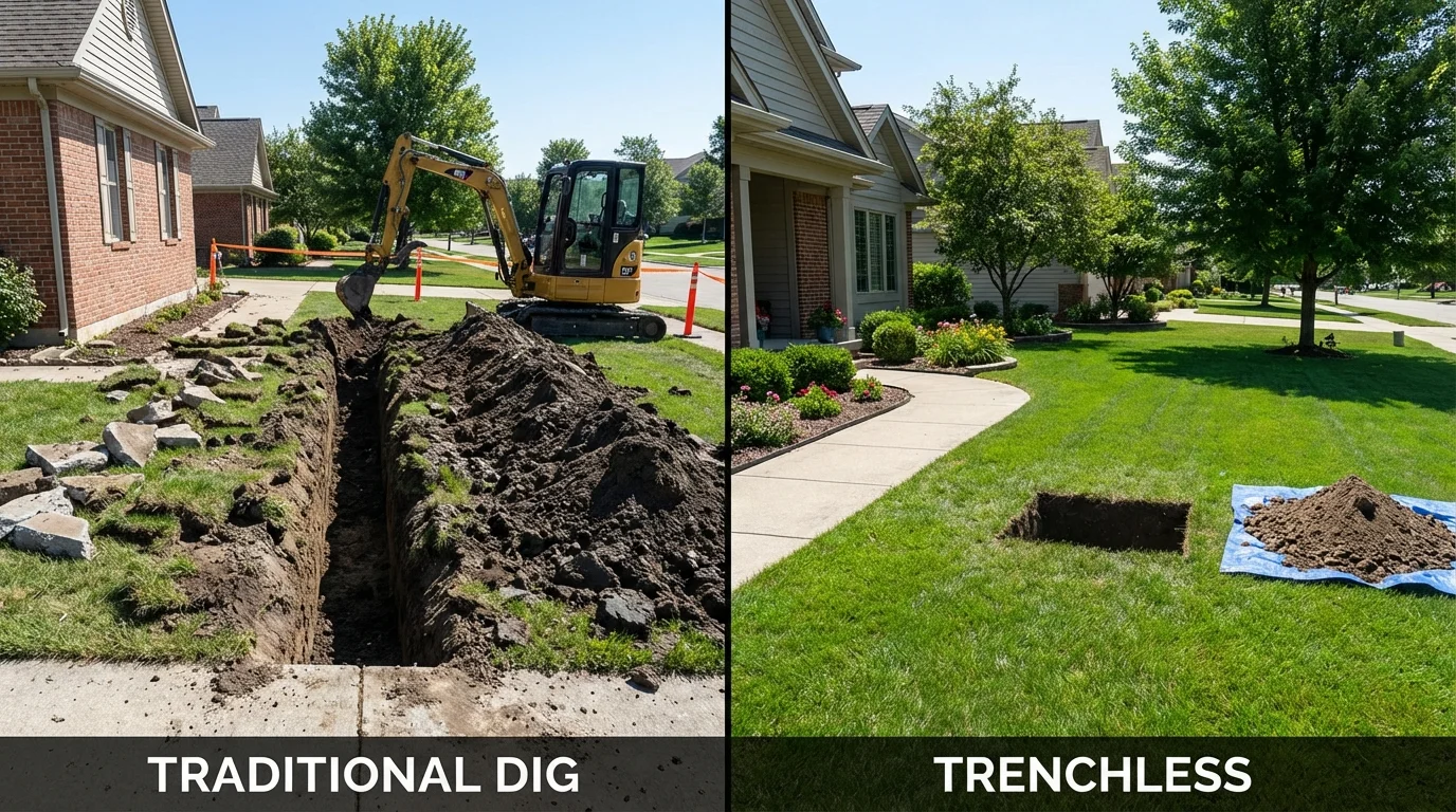 Trenchless sewer repair with minimal yard damage versus traditional excavation in Dexter, NM