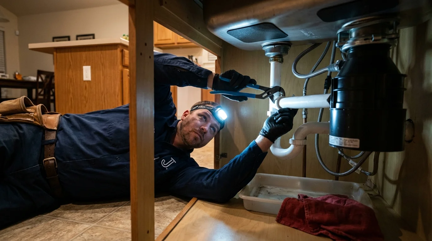 P-trap and supply line connections under a kitchen sink showing a common leak point in Dexter, NM